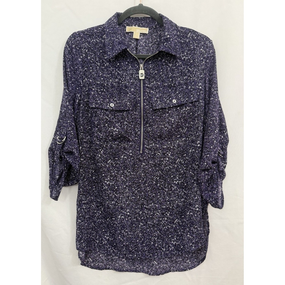 Michael‎ Kors Top Shirt Tunic Purple White 1/4 Zip 3/4 Sleeve Womens Size S